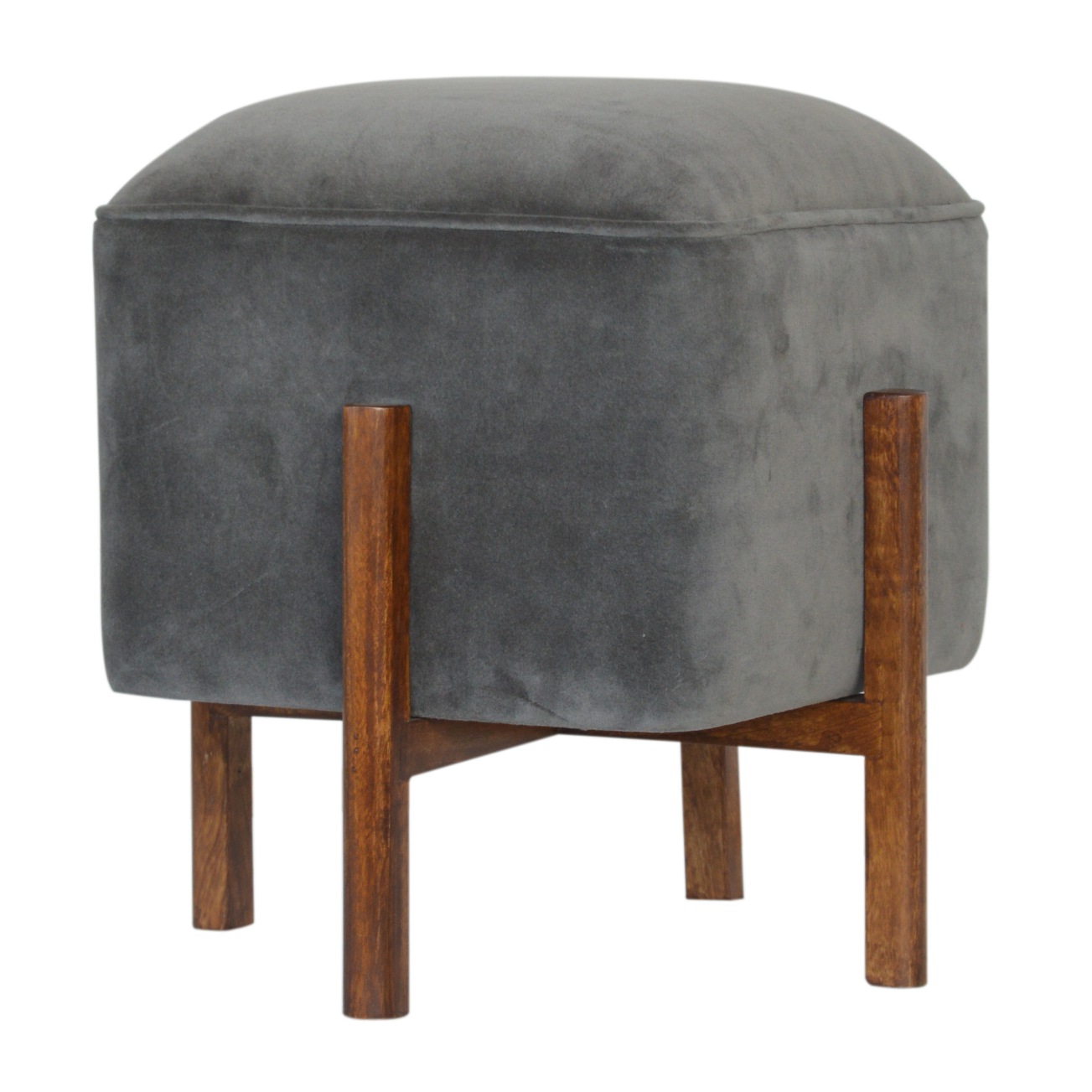 Solid Wood Grey Velvet Footstool - Image 4