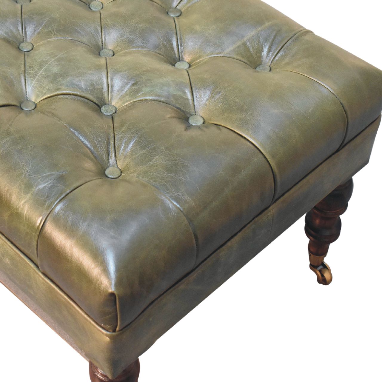Buffalo Green Leather Ottoman with Castor Legs - Image 7
