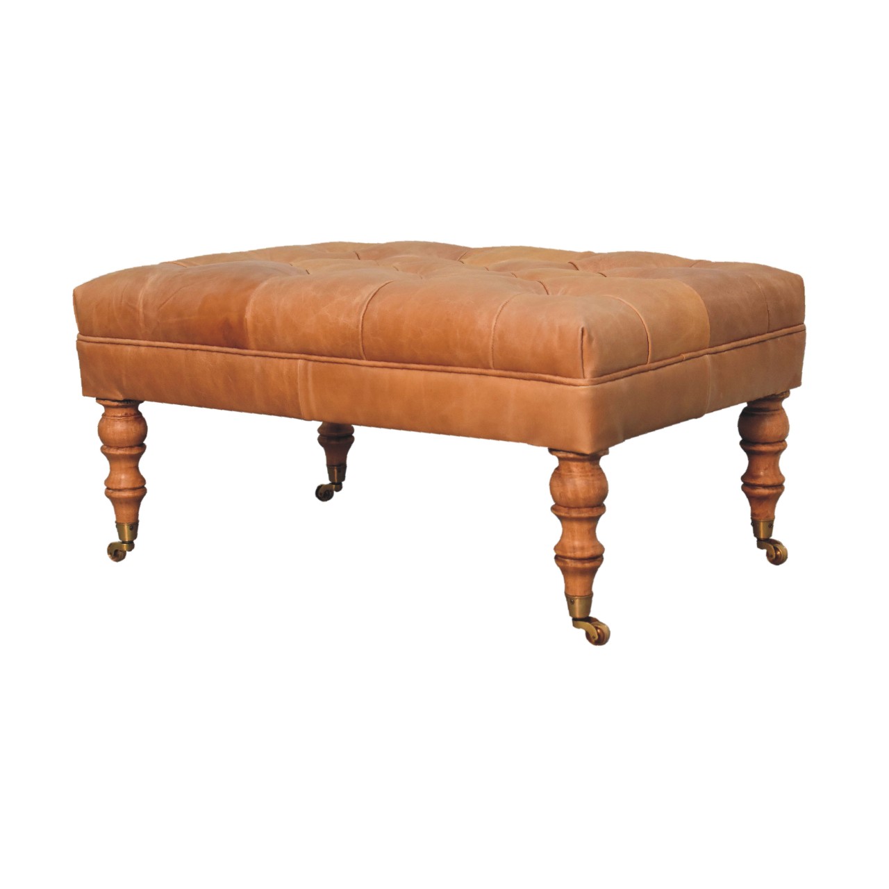 Buffalo Tan Leather Ottoman with Castor Legs - Image 4