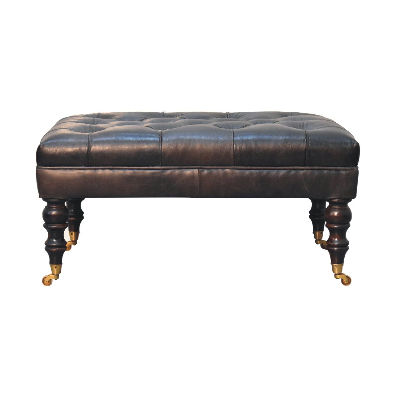 Buffalo Ash Black Leather Ottoman with Castor Legs - Image 2