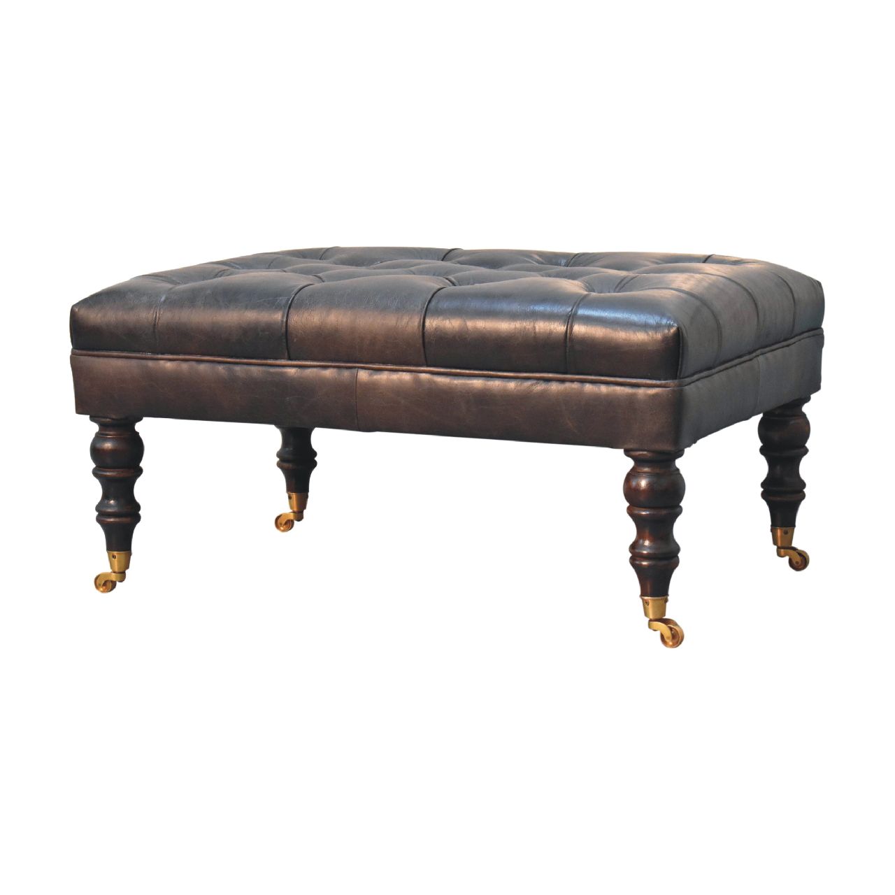 Buffalo Ash Black Leather Ottoman with Castor Legs - Image 3