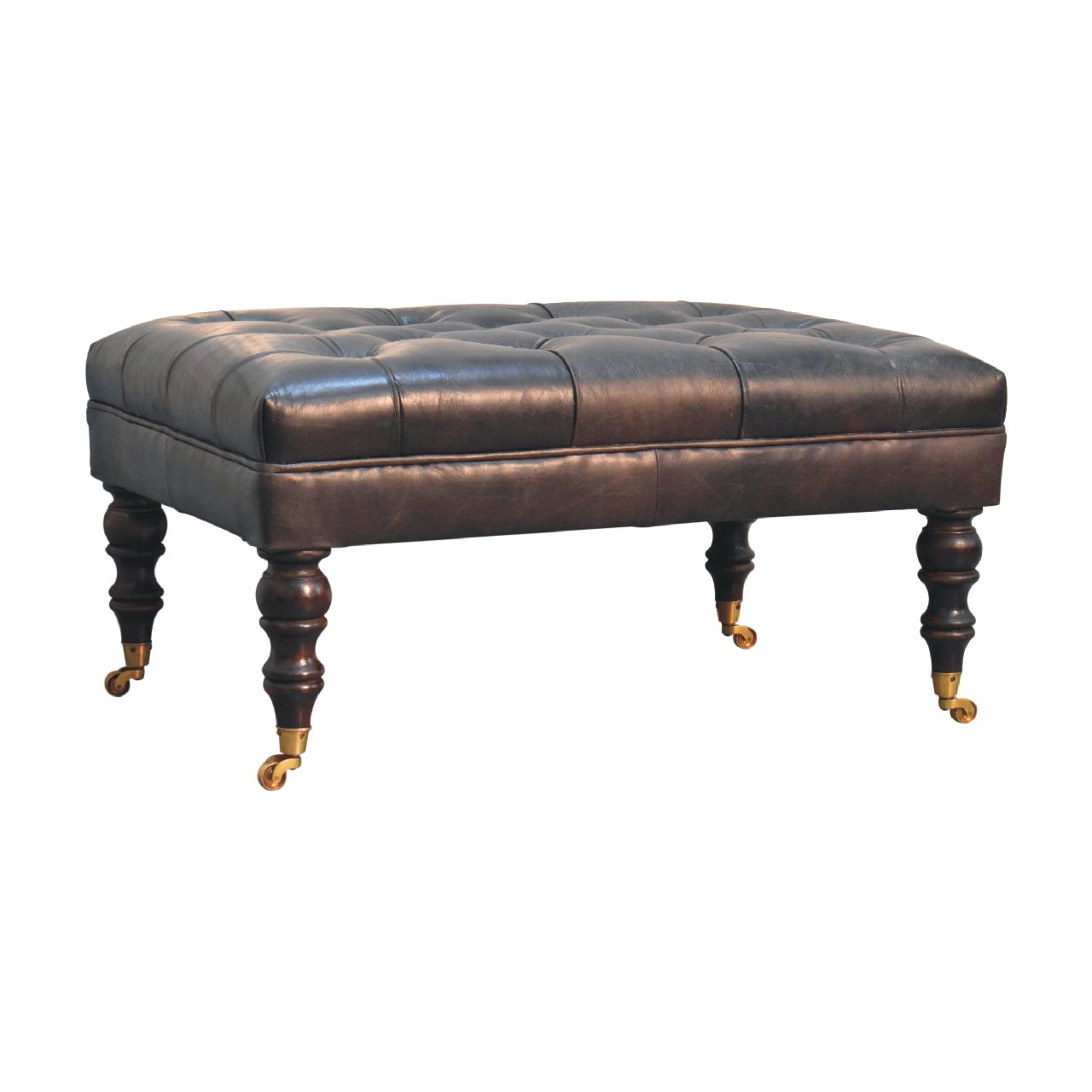 Buffalo Ash Black Leather Ottoman with Castor Legs - Image 4