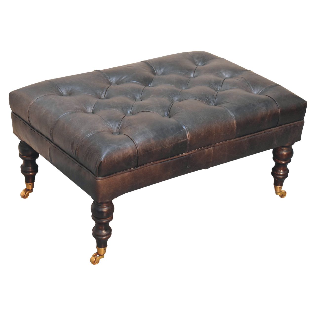 Buffalo Ash Black Leather Ottoman with Castor Legs - Image 6