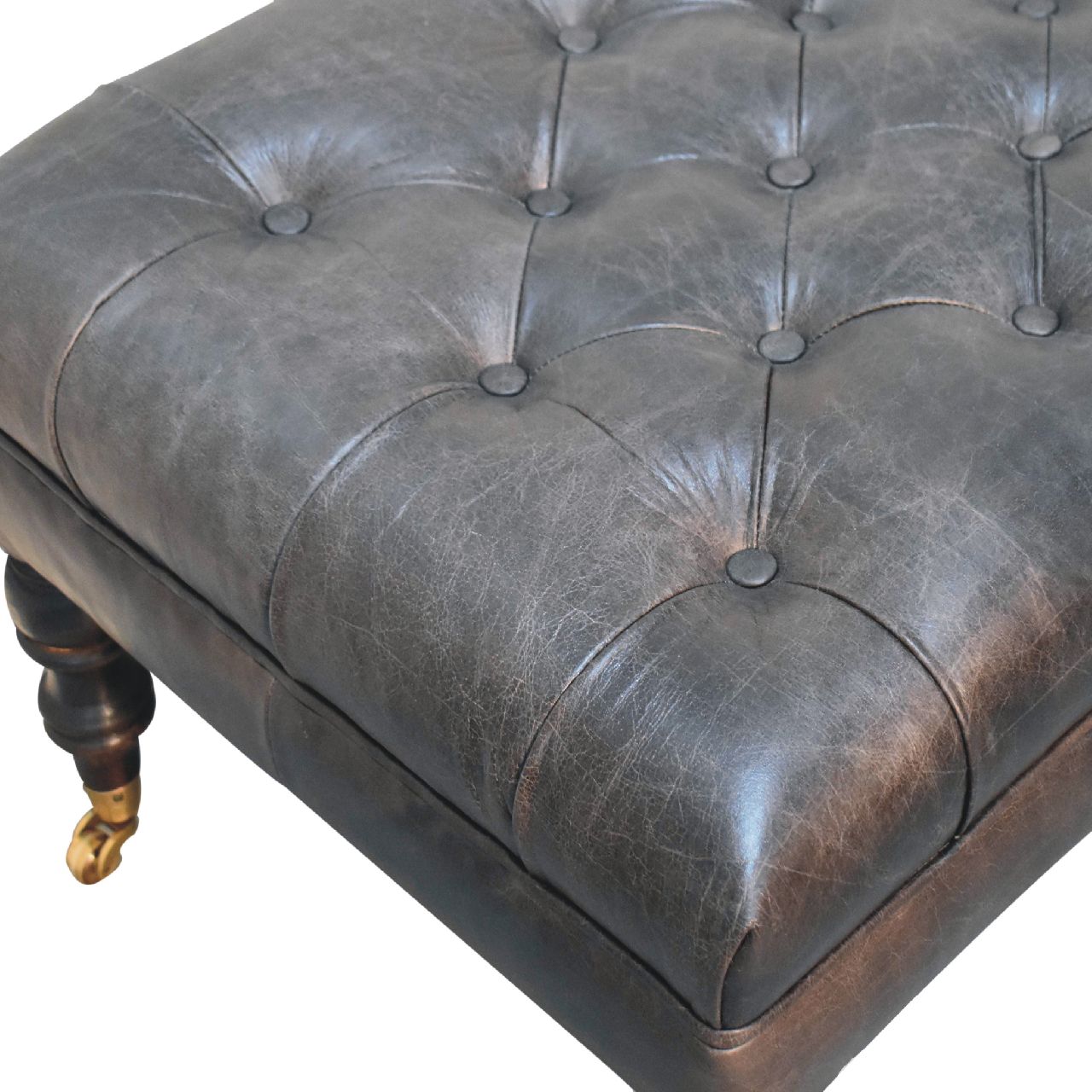 Buffalo Ash Black Leather Ottoman with Castor Legs - Image 7