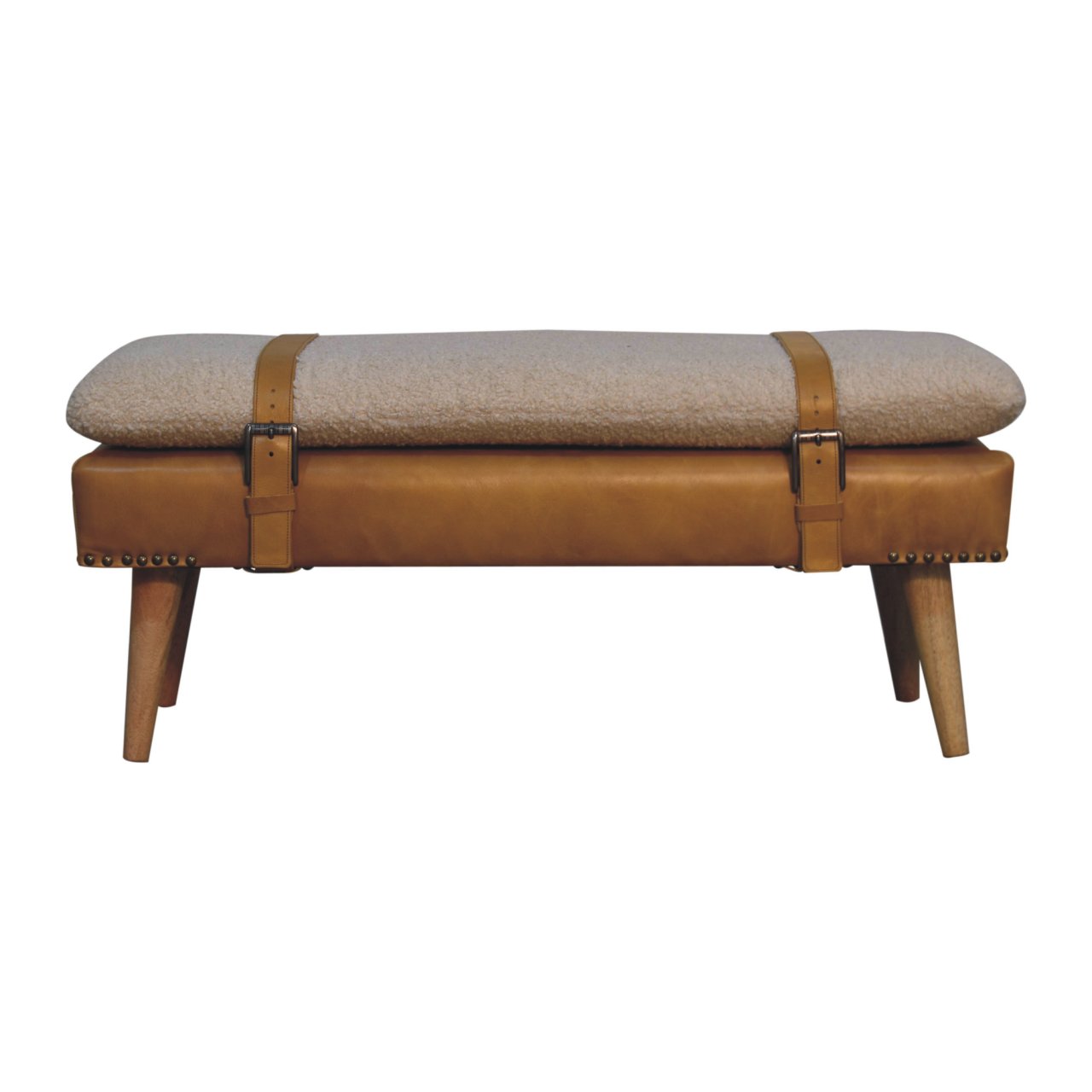 Bouclé Buffalo Hide Tan Leather Bench - Image 2