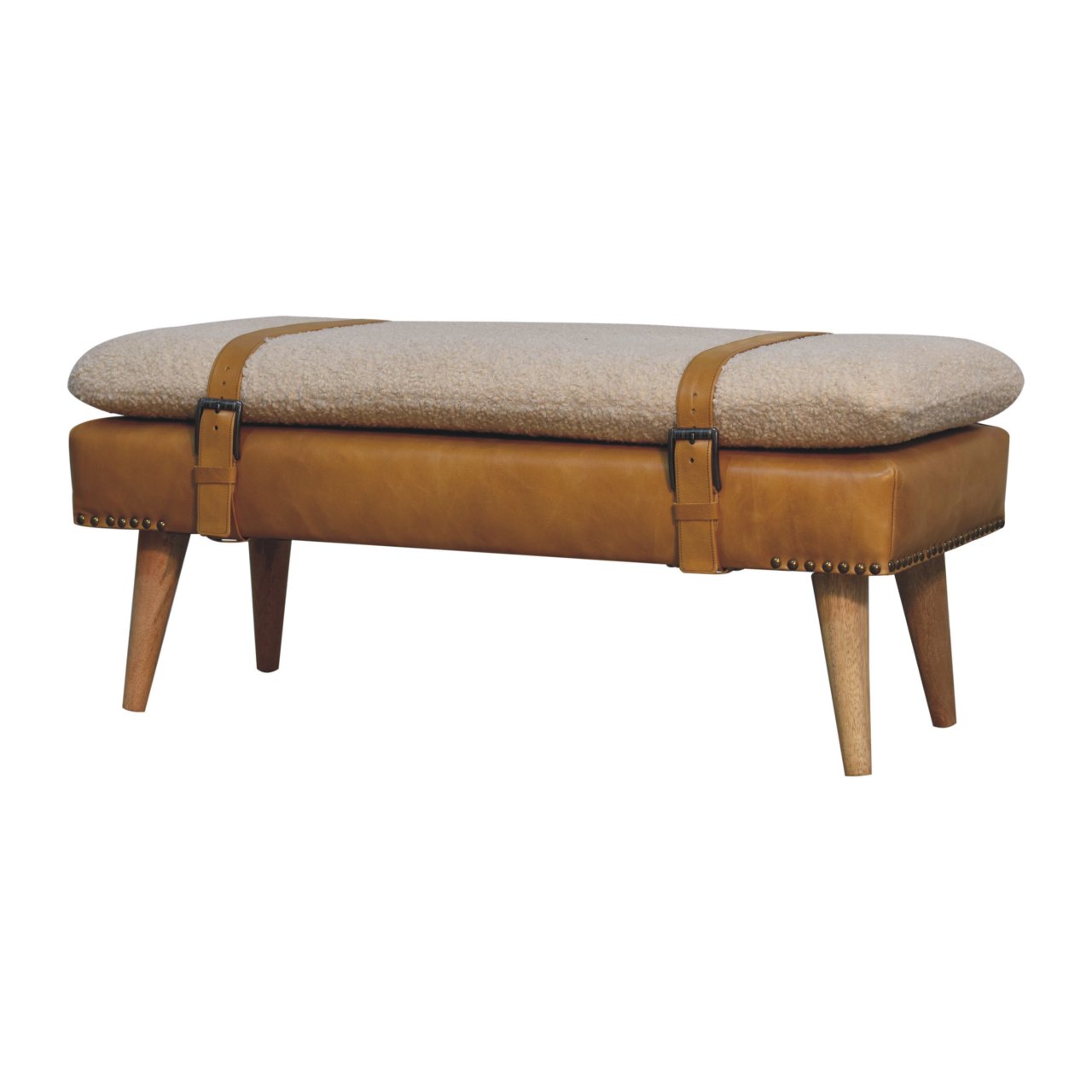 Bouclé Buffalo Hide Tan Leather Bench - Image 3