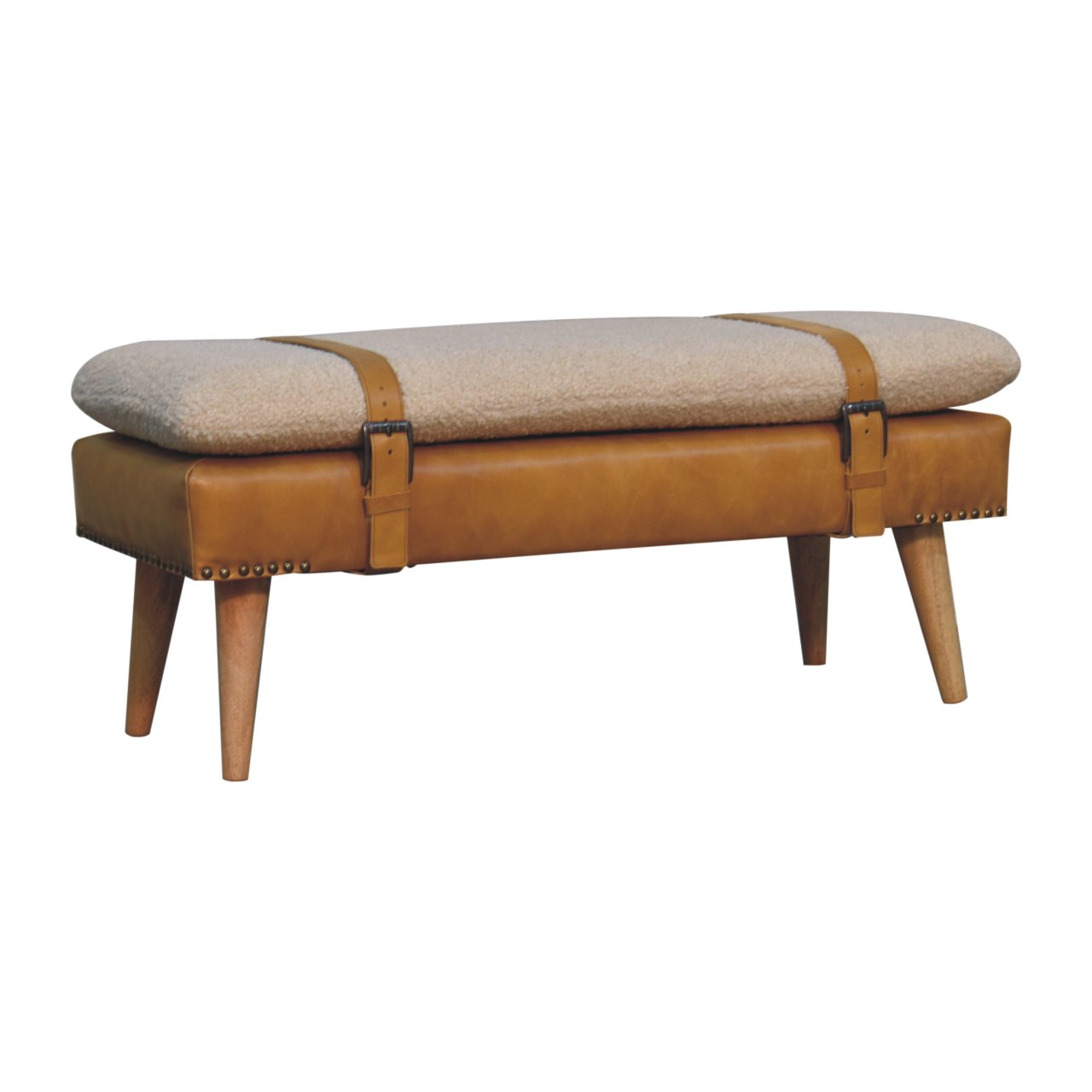 Bouclé Buffalo Hide Olive Green Leather Bench - Image 11