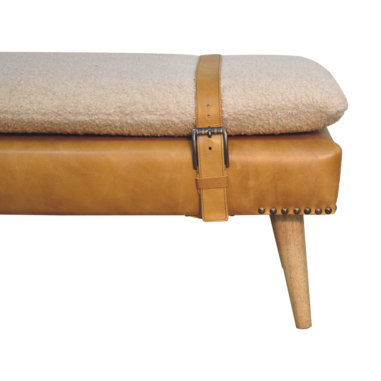 Bouclé Buffalo Hide Olive Green Leather Bench - Image 12