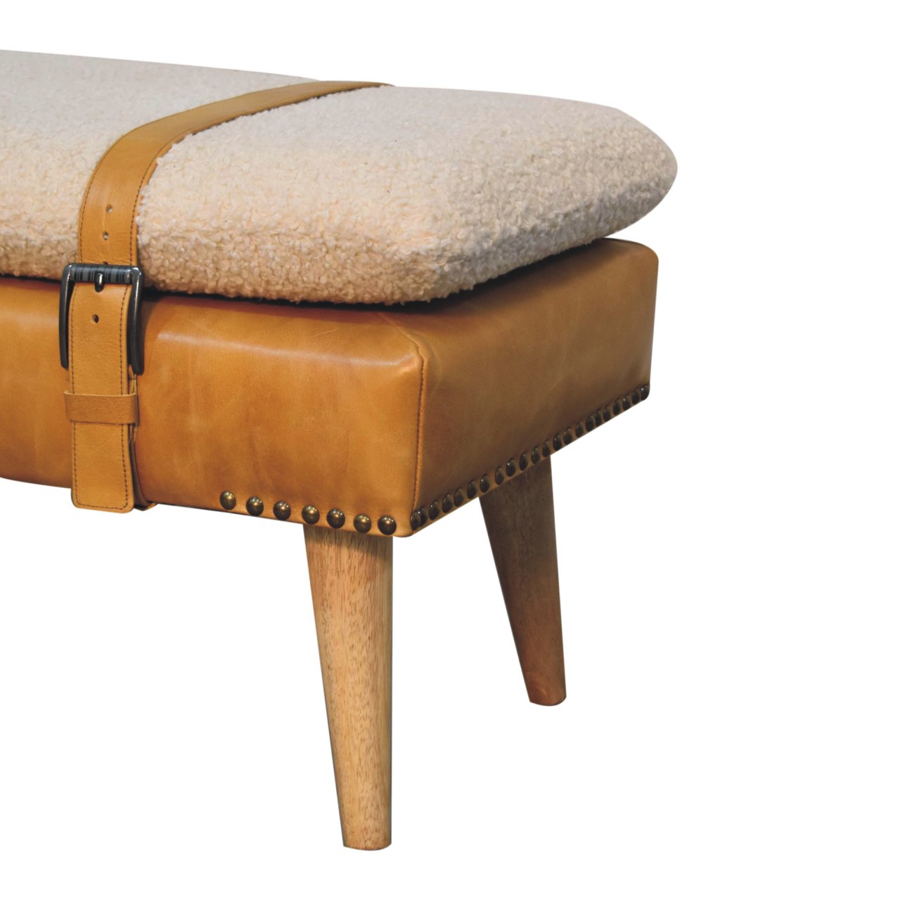 Bouclé Buffalo Hide Olive Green Leather Bench - Image 13