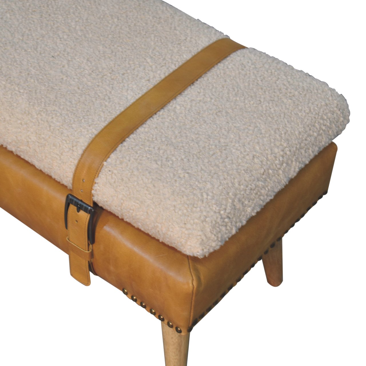 Bouclé Buffalo Hide Olive Green Leather Bench - Image 14
