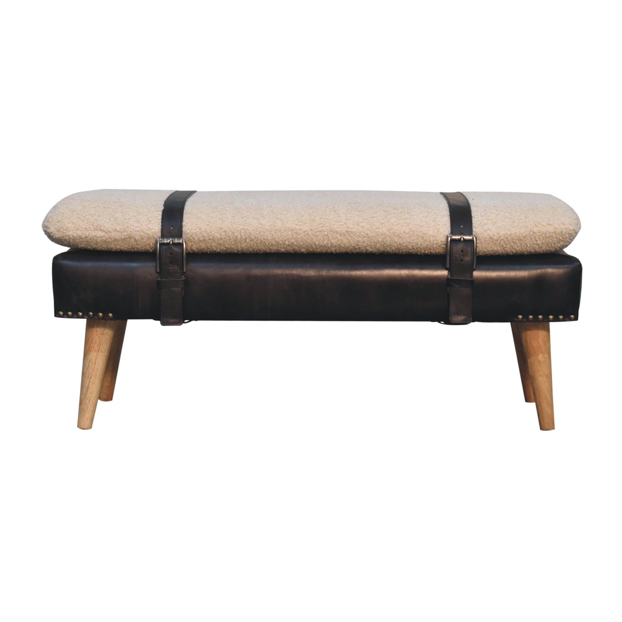 Bouclé Buffalo Hide Black Leather Bench - Image 2