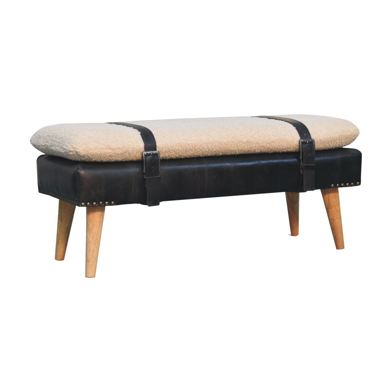 Bouclé Buffalo Hide Black Leather Bench - Image 3