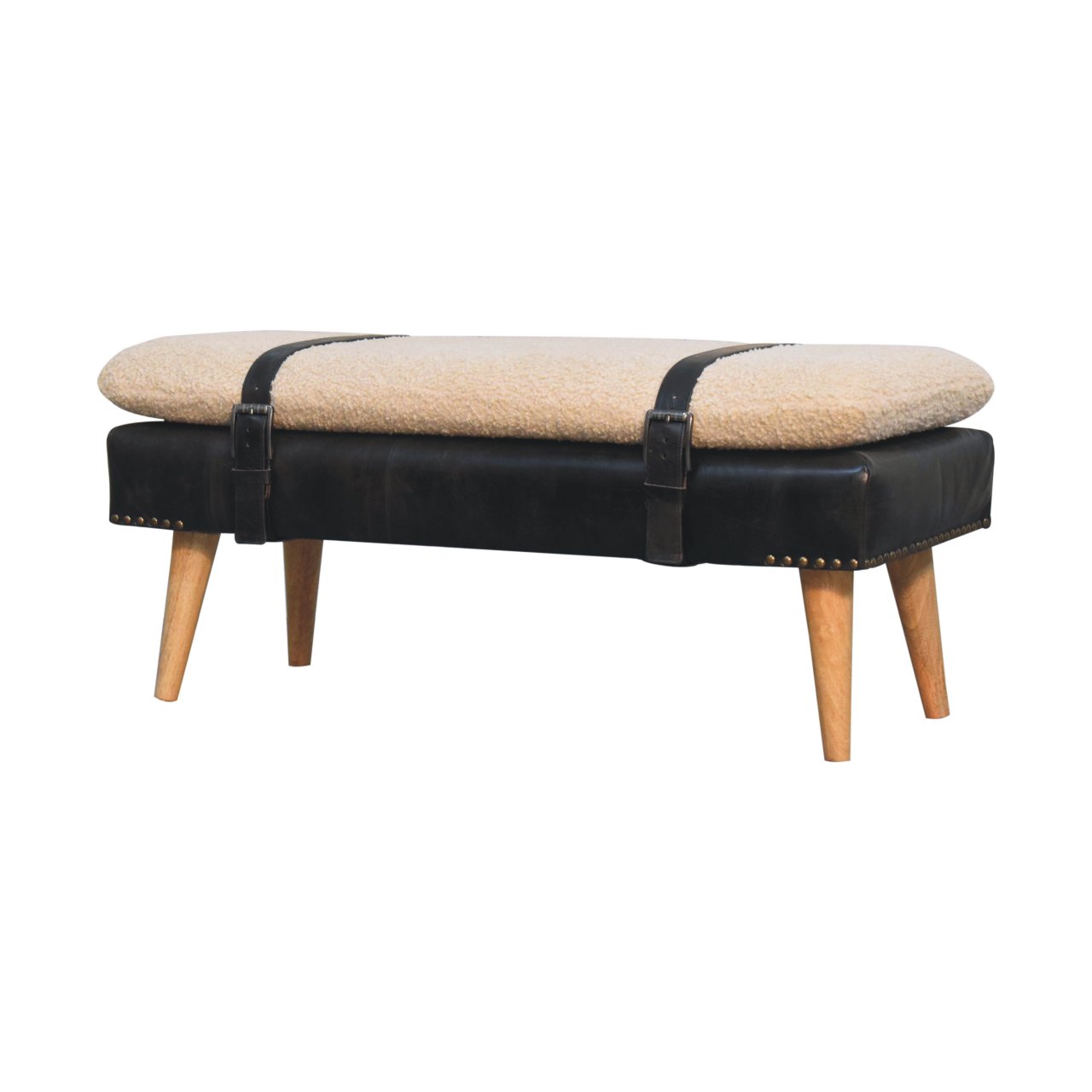Bouclé Buffalo Hide Black Leather Bench - Image 4