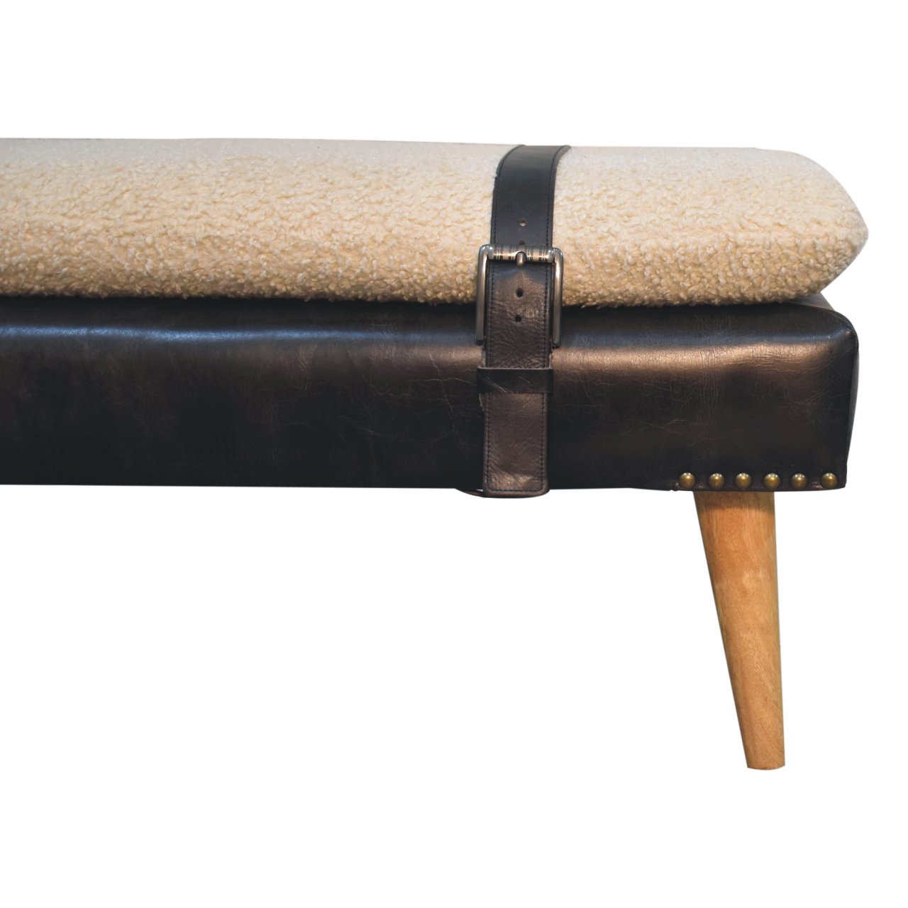 Bouclé Buffalo Hide Black Leather Bench - Image 5