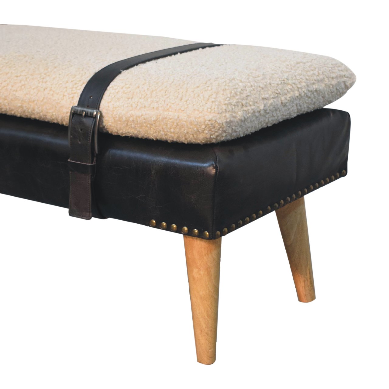 Bouclé Buffalo Hide Black Leather Bench - Image 7