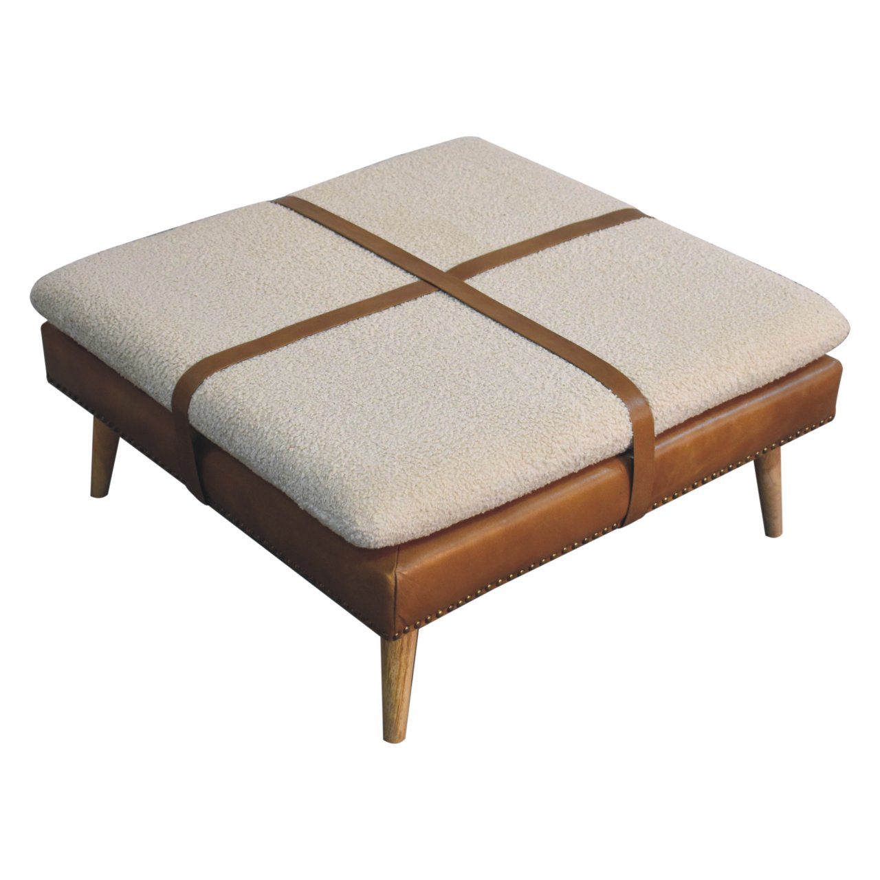 Large Square Bouclé Buffalo Hide Brown Leather Footstool - Image 7