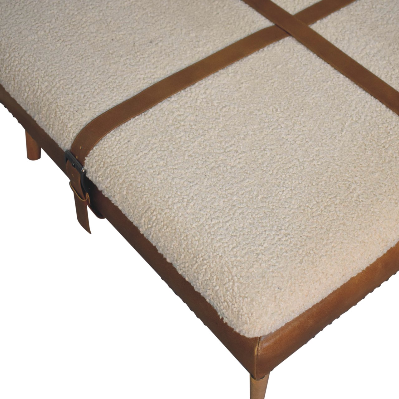 Large Square Bouclé Buffalo Hide Brown Leather Footstool - Image 8