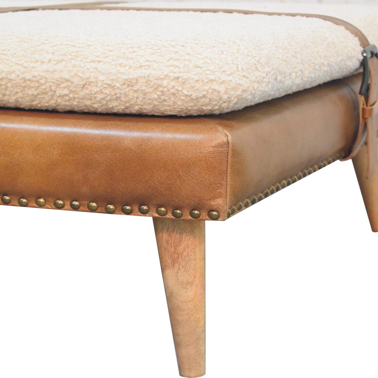 Large Square Bouclé Buffalo Hide Brown Leather Footstool - Image 9