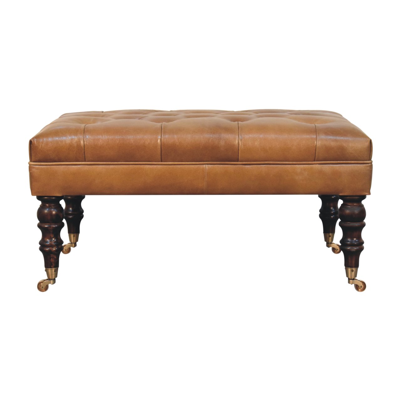 California Walnut Buffalo Tan Leather Ottoman with Castor Legs - Image 2