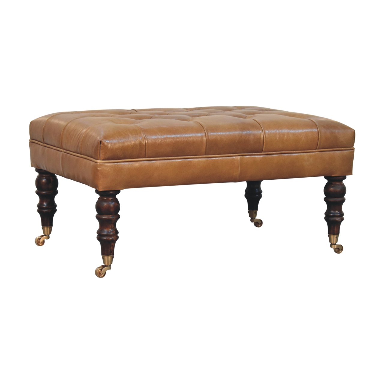 California Walnut Buffalo Tan Leather Ottoman with Castor Legs - Image 3