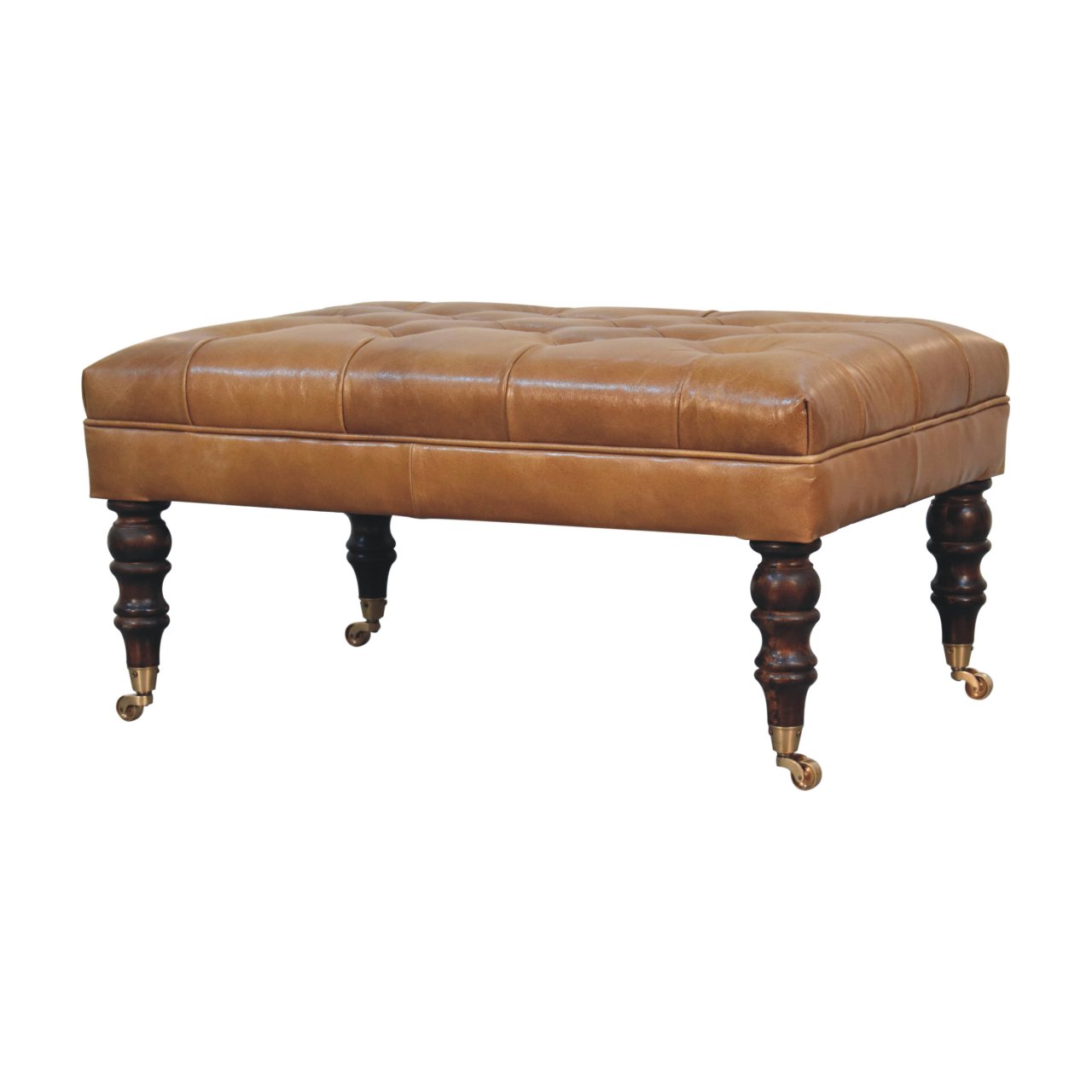 California Walnut Buffalo Tan Leather Ottoman with Castor Legs - Image 4