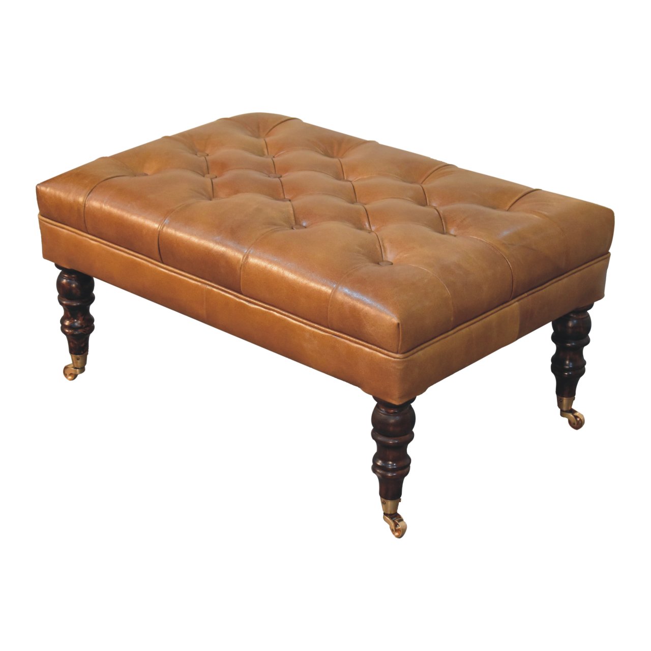 California Walnut Buffalo Tan Leather Ottoman with Castor Legs - Image 6