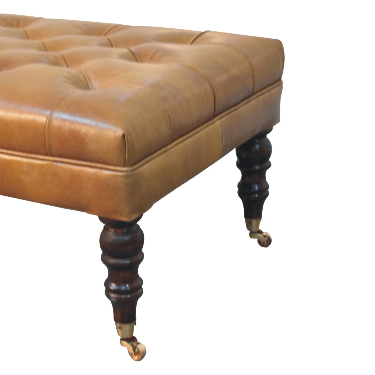 California Walnut Buffalo Tan Leather Ottoman with Castor Legs - Image 7