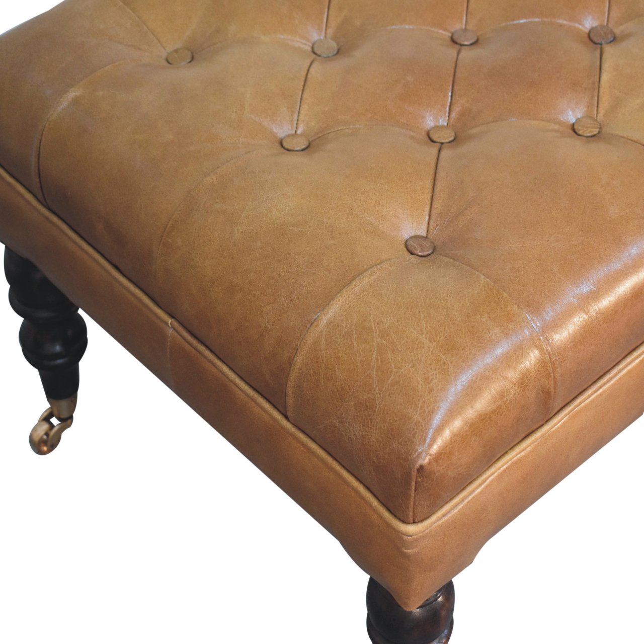 California Walnut Buffalo Tan Leather Ottoman with Castor Legs - Image 8