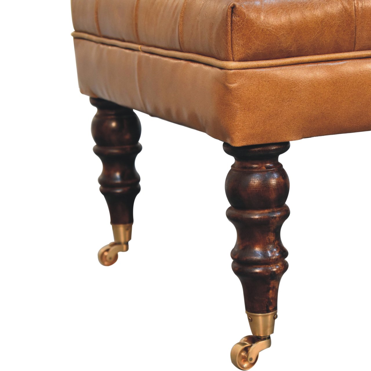California Walnut Buffalo Tan Leather Ottoman with Castor Legs - Image 9