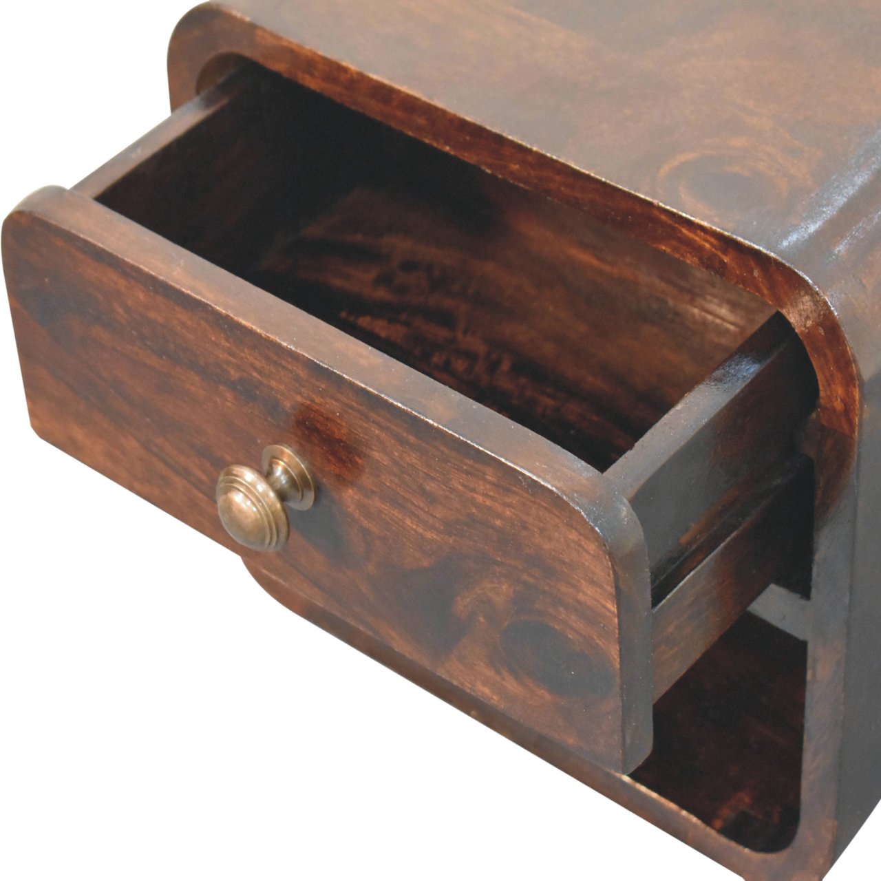 Mini Curved California Walnut Wall Mounted Bedside with Open Slot - Image 7