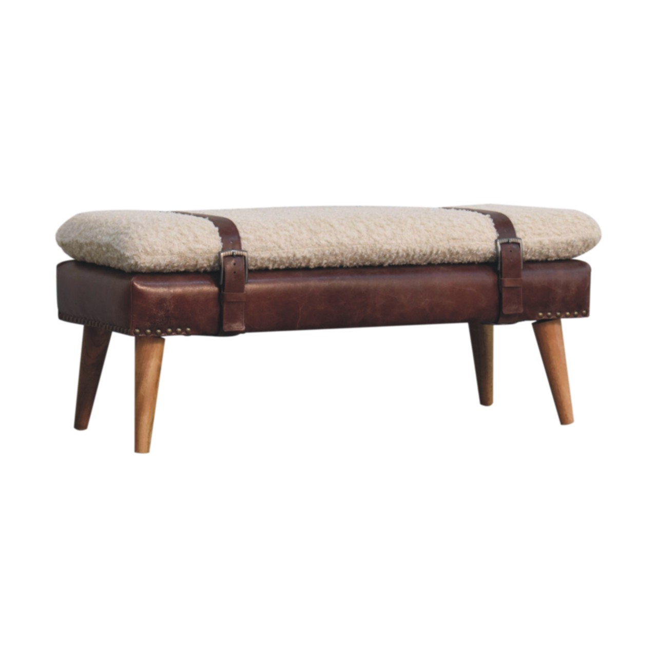 Boucle x Brown Leather Bench - Image 2