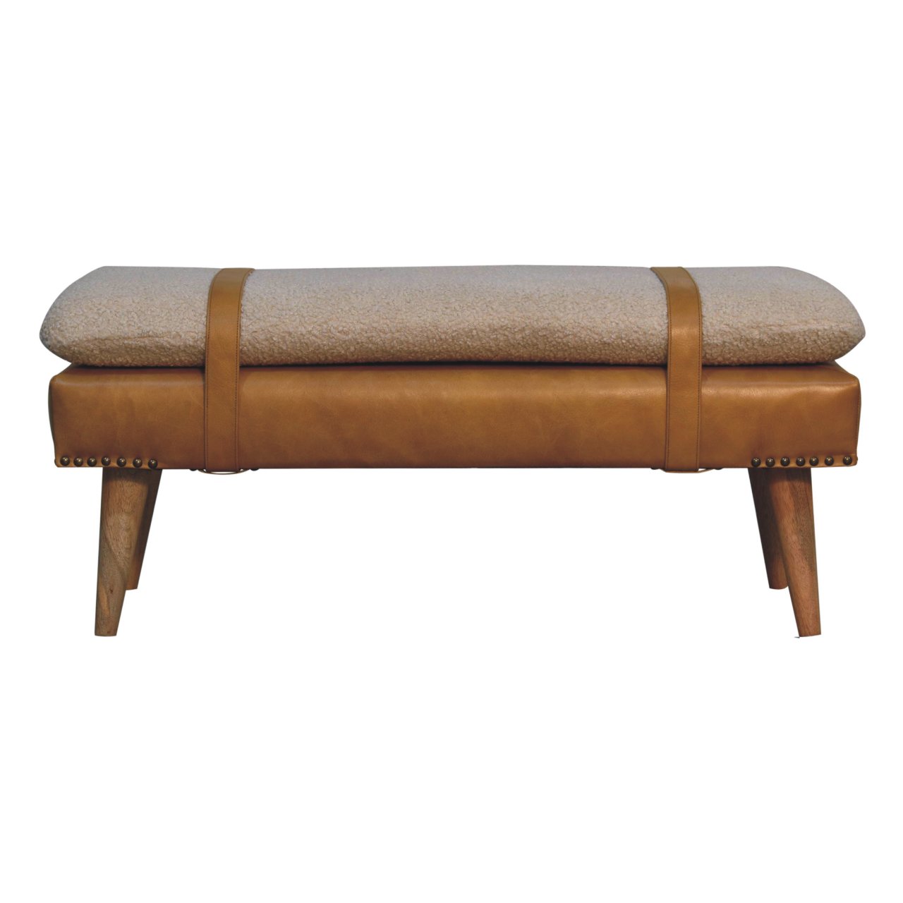 Bouclé Buffalo Hide Olive Green Leather Bench - Image 17
