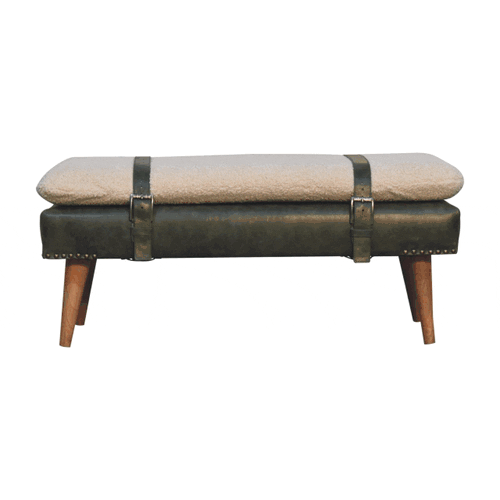 Bouclé Buffalo Hide Olive Green Leather Bench - Image 18